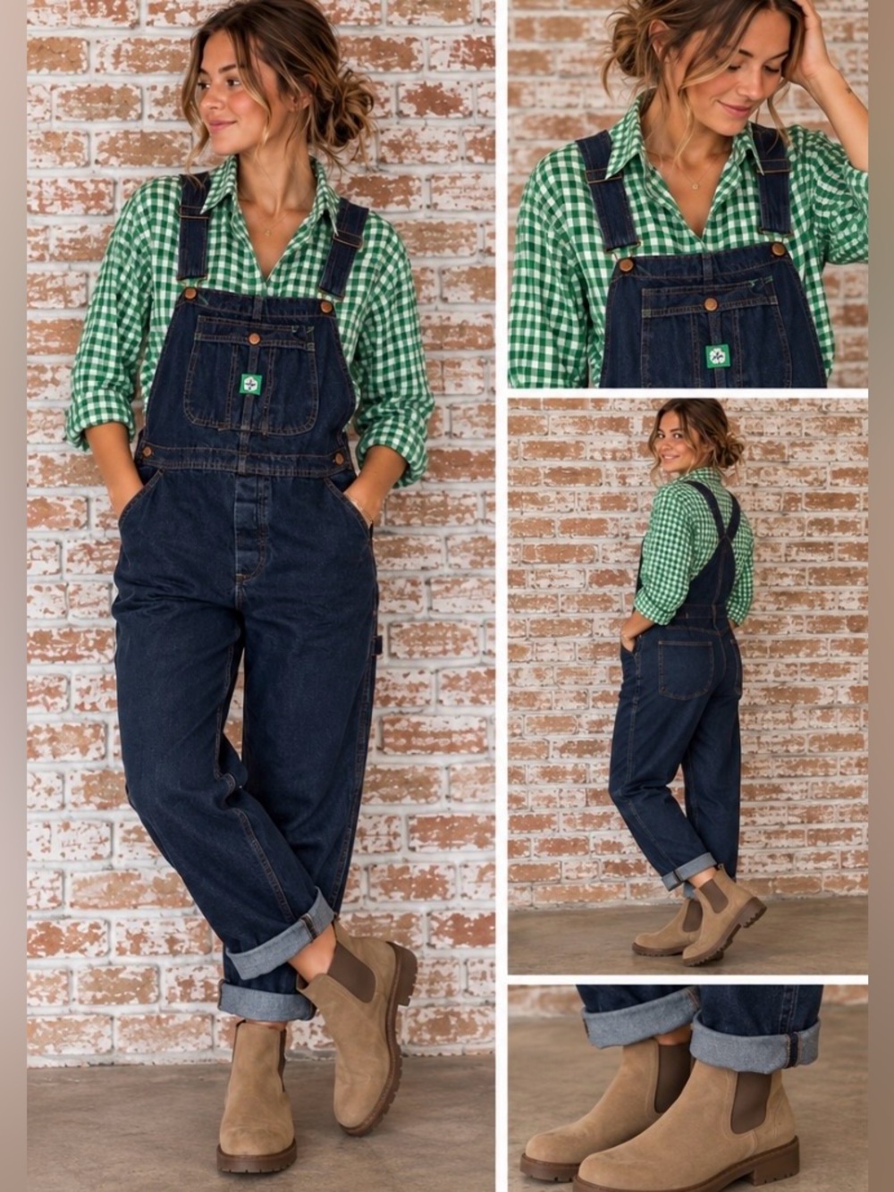 Vintage Denim Bib Overalls Size XL 42x30 + J.Crew Green Gingham Shirt XXL NWT